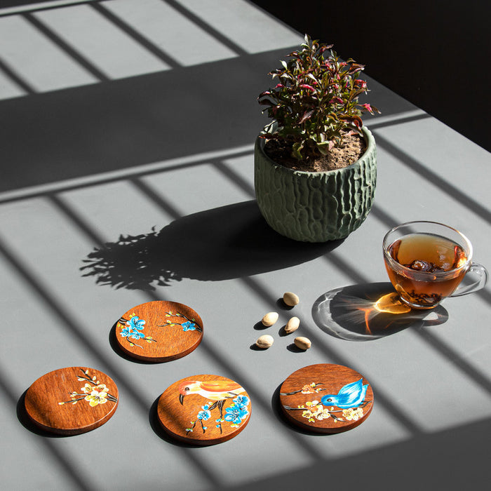 Mango Wood Hand-Painted Coasters | Set of 4 | Brown