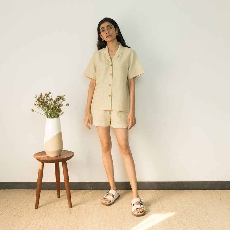 Women Shorts | Pleated Shorts | Hemp Cotton | Beige