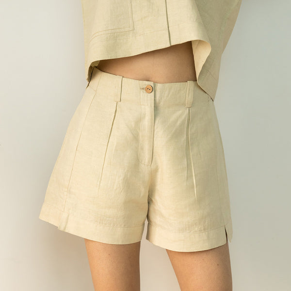 Women Shorts | Pleated Shorts | Hemp Cotton | Beige