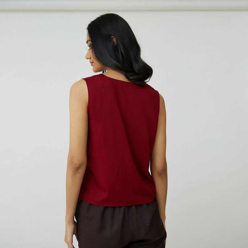 Cotton Tencel V-Neck Top | Maroon