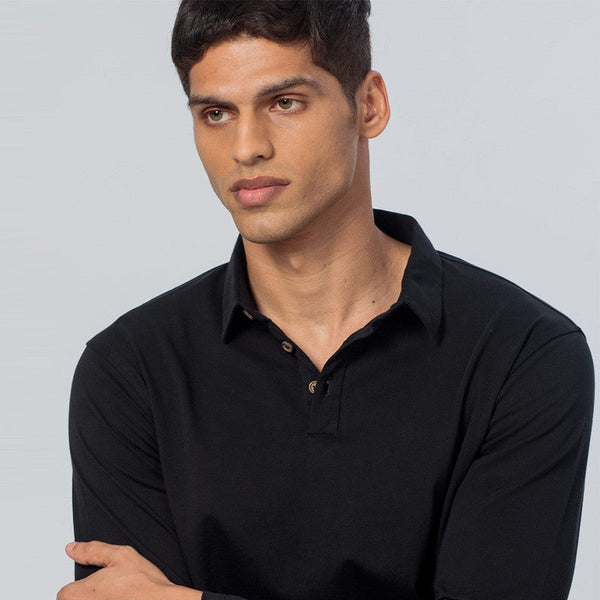 Cotton Polo T-Shirt | Full Sleeve | Black