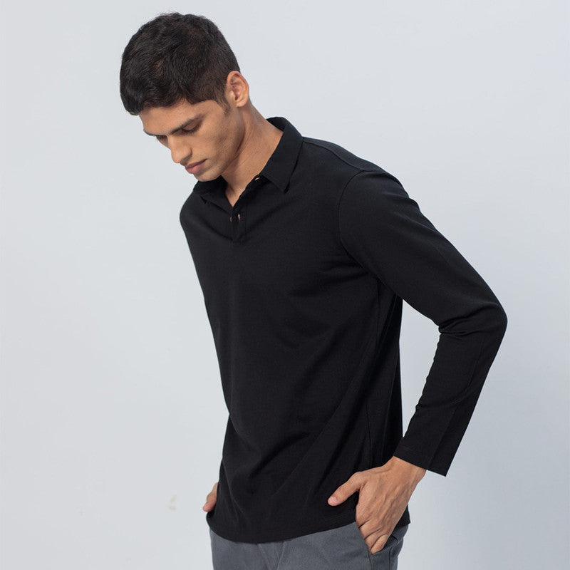 Cotton Polo T-Shirt | Full Sleeve | Black