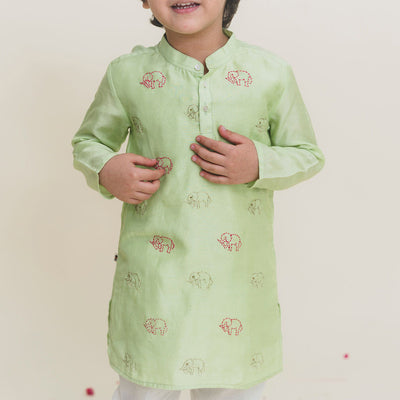 Muslin Cotton Kurta Pajama Set for Boys | Green White