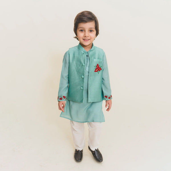 Muslin Cotton Kurta Pajama with Jacket for Kids | Aqua Blue