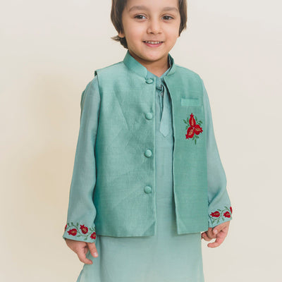 Muslin Cotton Kurta Pajama with Jacket for Kids | Aqua Blue