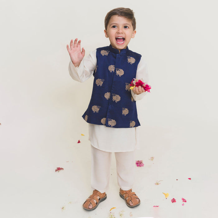 Muslin Cotton Kurta Pajama with Jacket for Boys | Navy Blue