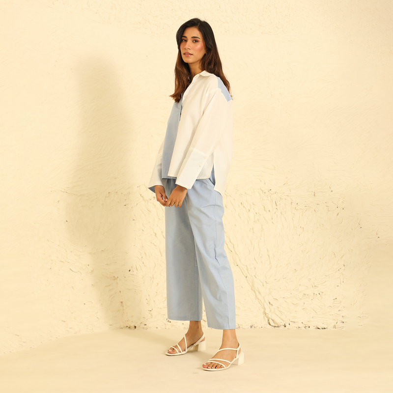 Co Ord Set for Women | Cotton Linen Shirt & Pant | Blue & White