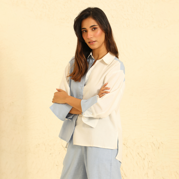 Co Ord Set for Women | Cotton Linen Shirt & Pant | Blue & White