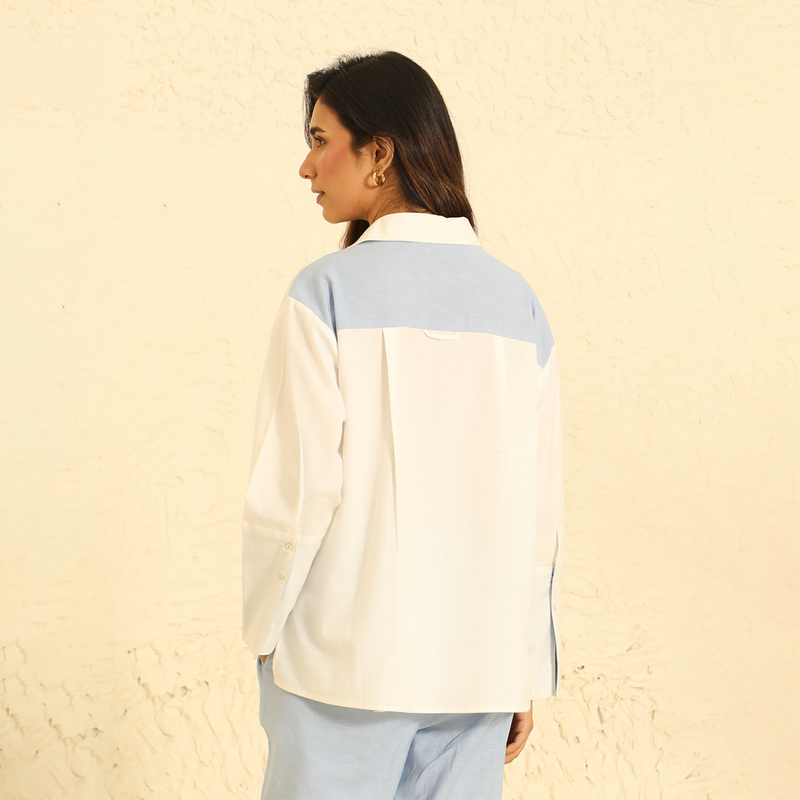 Co Ord Set for Women | Cotton Linen Shirt & Pant | Blue & White