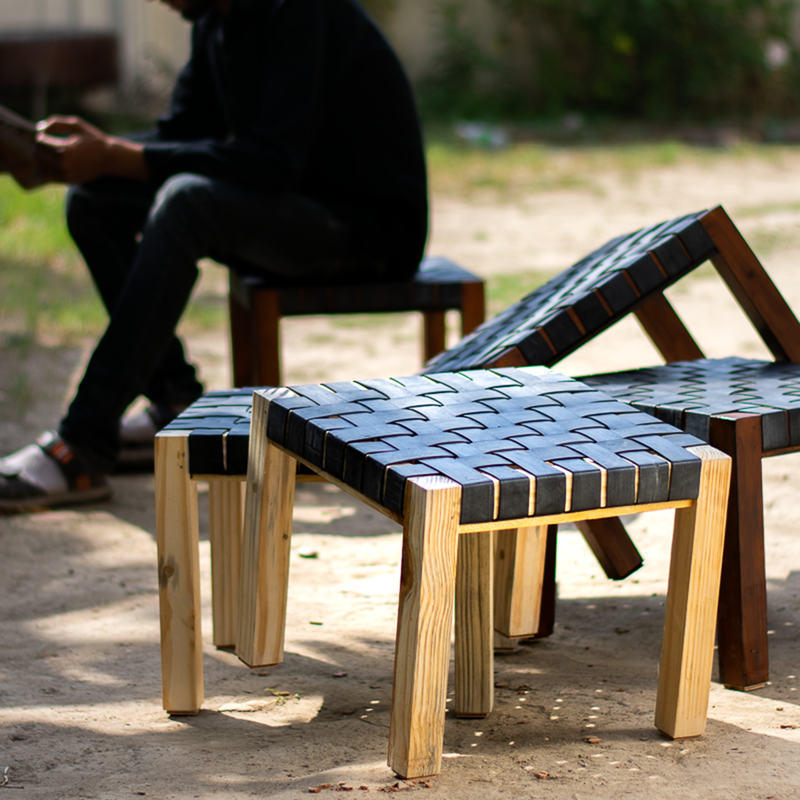 Recycled Stool | Charpai Stool | Black & Beige | 38 cm