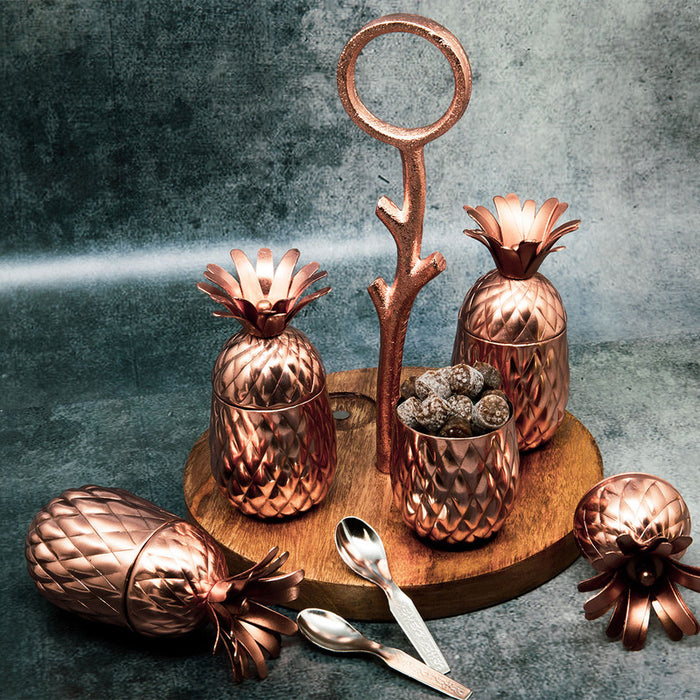 Copper Finish Condiment Set | Pineapple Shape | 4 Pieces.