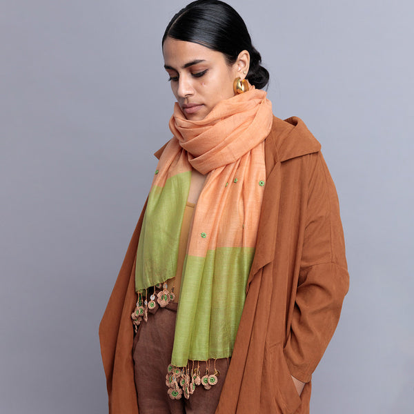 Silk & Cotton Flower Tassel Stole | Green & Beige