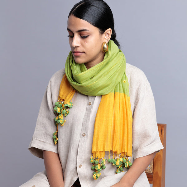 Silk & Cotton Flower Tassel Stole | Green & Yellow