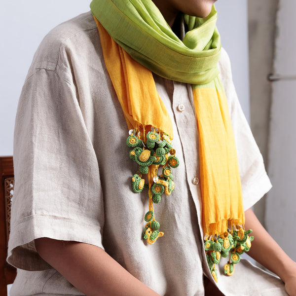 Silk & Cotton Flower Tassel Stole | Green & Yellow