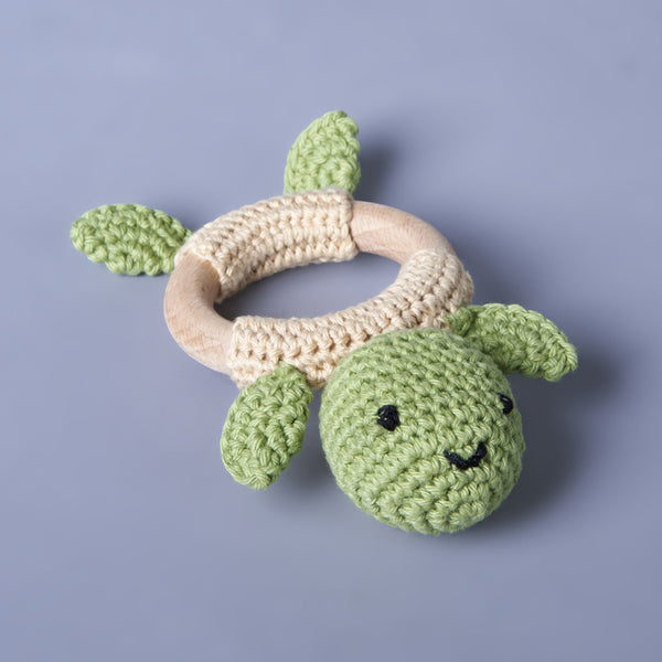 Wooden Teether & Crochet Shaker Rattle for Baby | Flippy Turtle | Non-Toxic | Toy |BPA Free | 12 cm