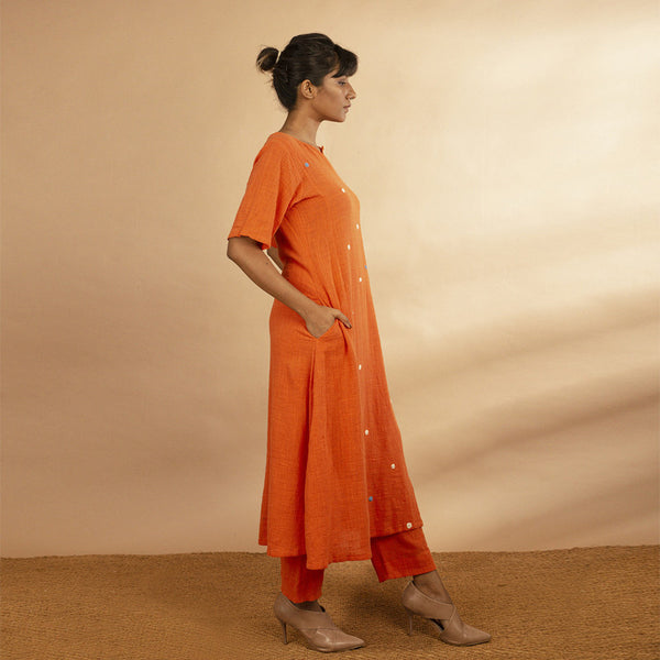 Handloom Cotton Orange Embroidered Dots A-Line Kurta Set