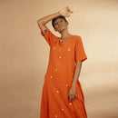 Handloom Cotton Orange Embroidered Dots A-Line Kurta Set