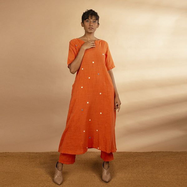 Handloom Cotton Orange Embroidered Dots A-Line Kurta Set