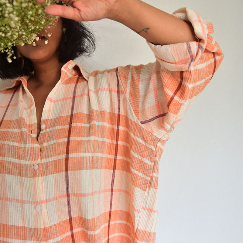 Cotton Checkered Oversized Shirt | Peach & White