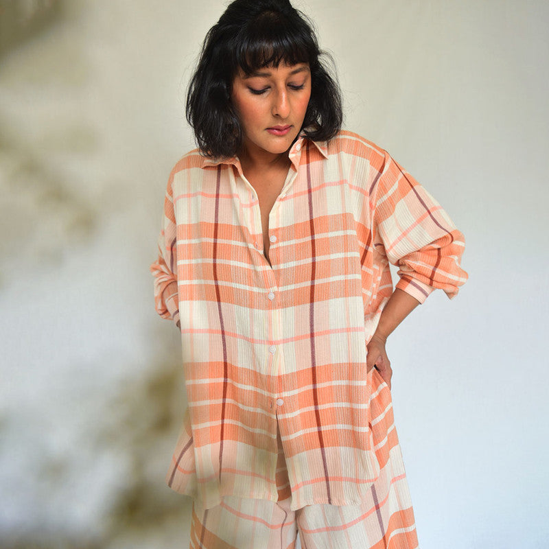 Cotton Checkered Oversized Shirt | Peach & White