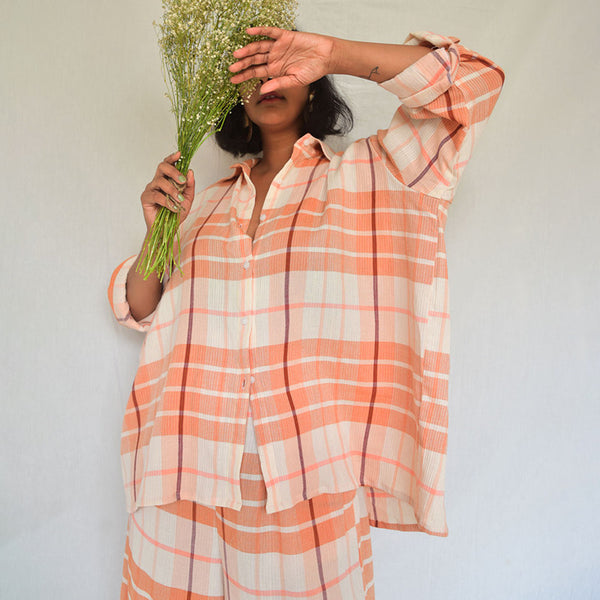 Cotton Checkered Oversized Shirt | Peach & White