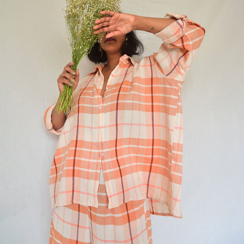 Cotton Checkered Oversized Shirt | Peach & White