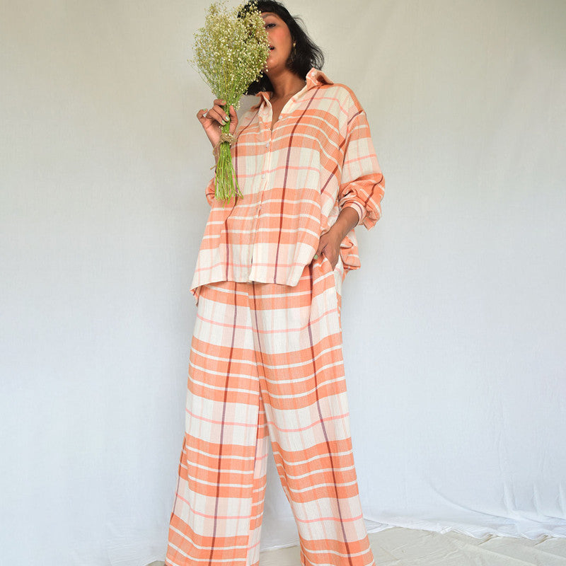 Cotton Checkered Oversized Shirt | Peach & White