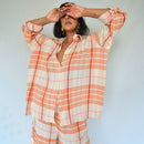 Cotton Checkered Oversized Shirt | Peach & White