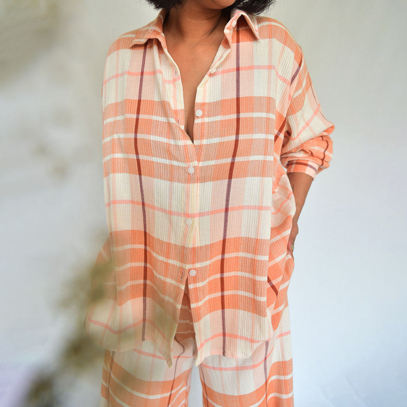 Cotton Checkered Oversized Shirt | Peach & White