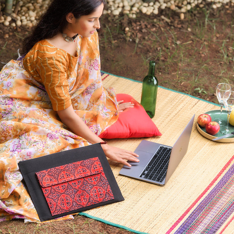 Canvas Laptop Cover | Handblock Printed | Red