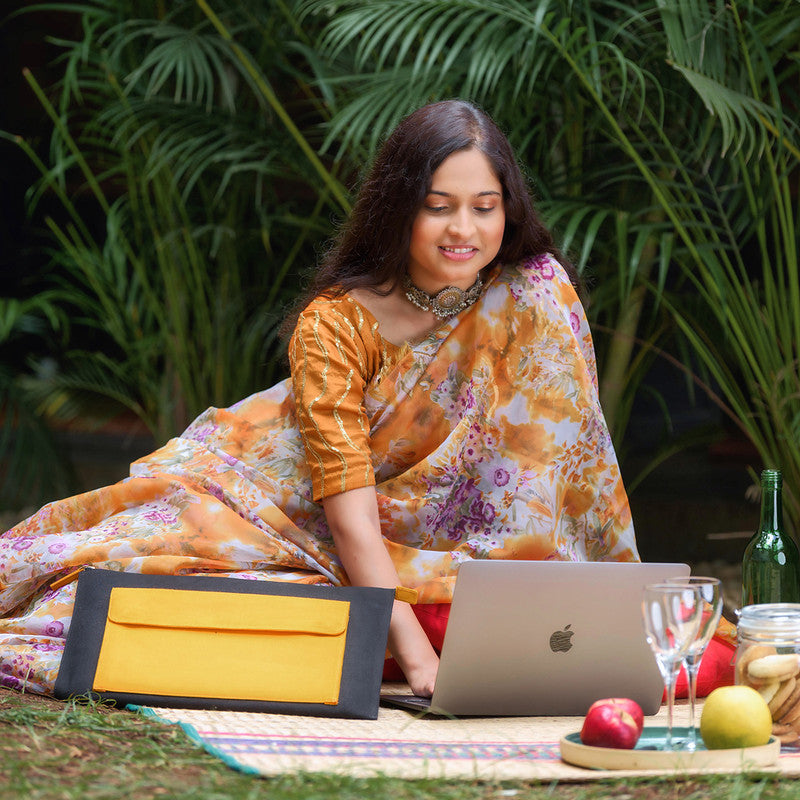 Canvas Laptop Cover | Handblock Printed | Yellow