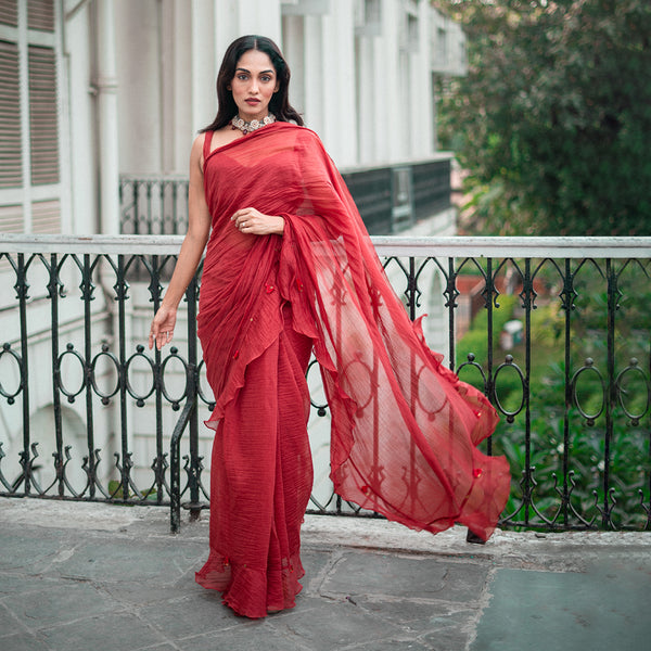 Chanderi Silk Saree | Embroidered Blouse | Red