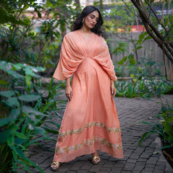 Cotton Chanderi Maxi Dress | Peach