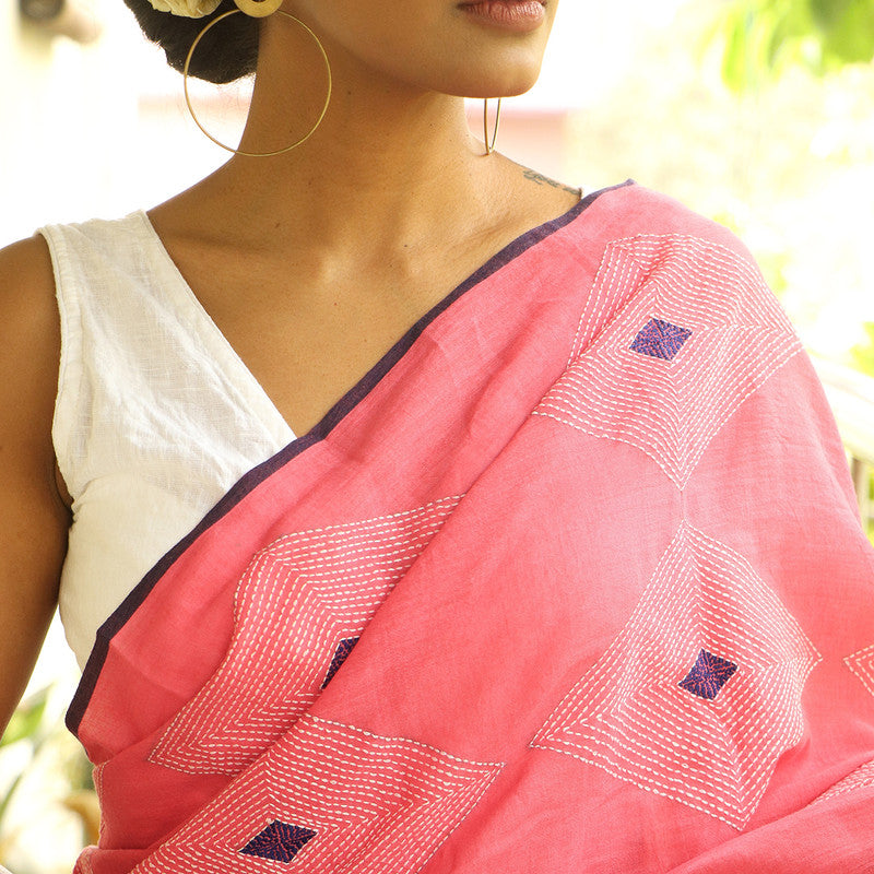 Cotton Kantha Embroidered Saree | Pink