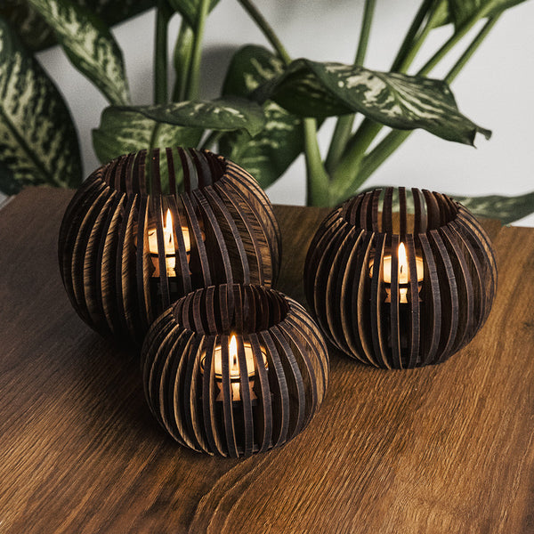 Pine Wood T-Light Candle Holder | Dark Brown | Set of 3