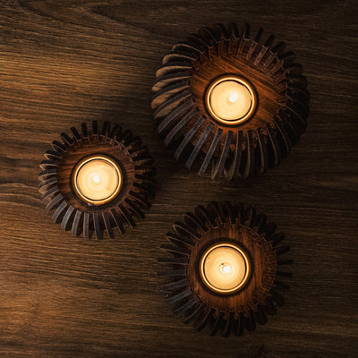 Pine Wood T-Light Candle Holder | Dark Brown | Set of 3