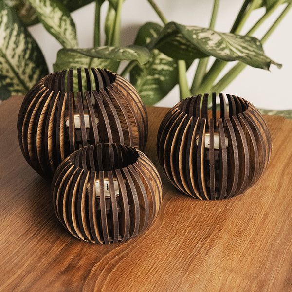 Pine Wood T-Light Candle Holder | Dark Brown | Set of 3