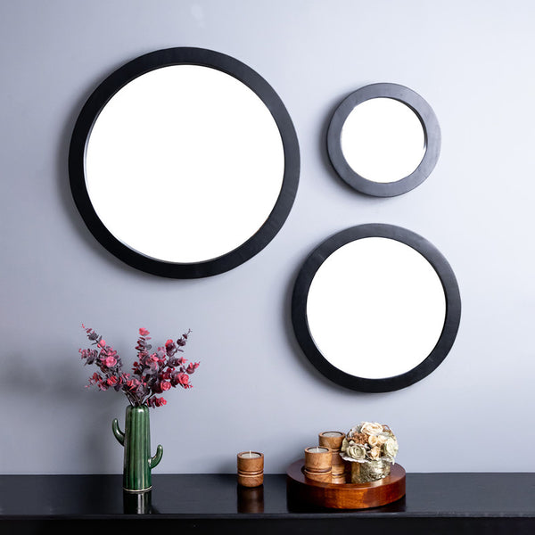 Wooden Designer Mirror | Round Shape | Black Frame | Set of 3