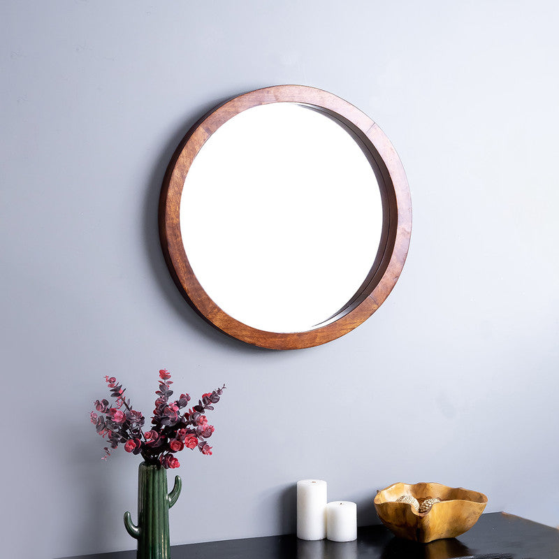 Wooden Designer Mirror | Round Shape | Brown Frame | 24 x 24 inches