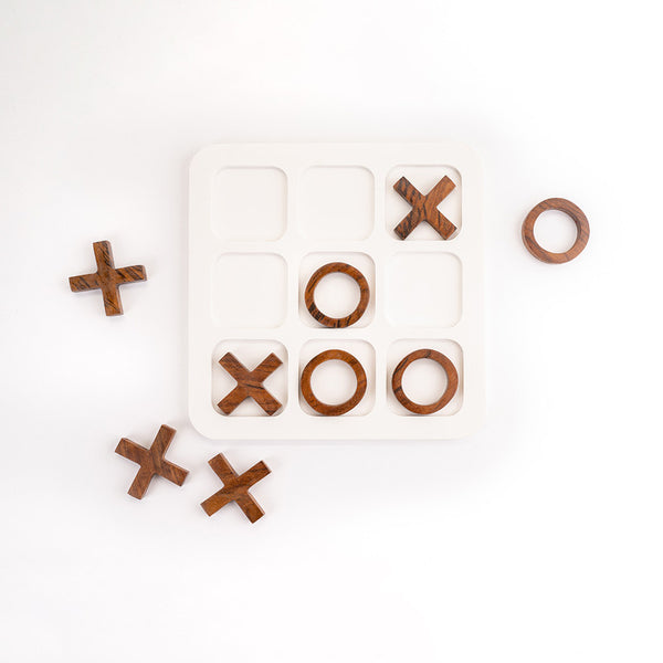 Marble & Wood Tic Tac Toe Game | White & Brown