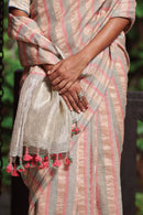 Pure Linen Saree | Pink & Green Zari Stripes