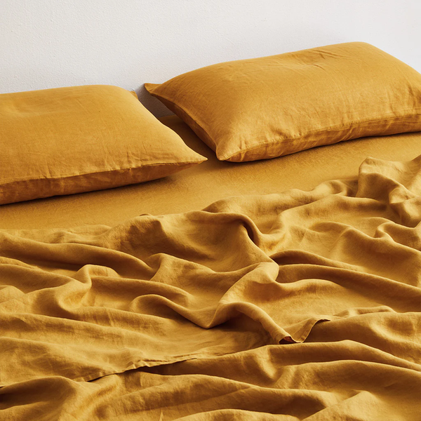 Linen Fitted Bedsheet with Pillow Covers | Golden Yellow
