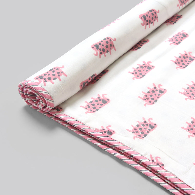 Cotton Dohar Blanket for Kids | Elephant Print | Baby Pink