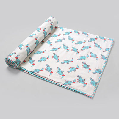 Cotton Dohar Blanket for Kids | Hornbill Print | Light Blue