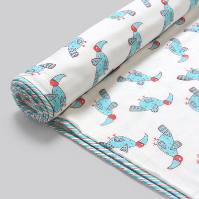 Cotton Dohar Blanket for Kids | Hornbill Print | Light Blue