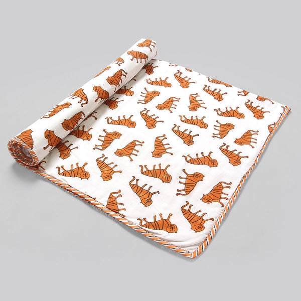 Cotton Dohar Blanket for Kids | Tiger Print | Orange