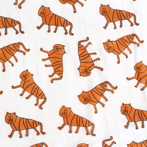 Cotton Dohar Blanket for Kids | Tiger Print | Orange