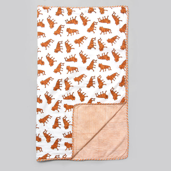 Cotton Dohar Blanket for Kids | Tiger Print | Orange