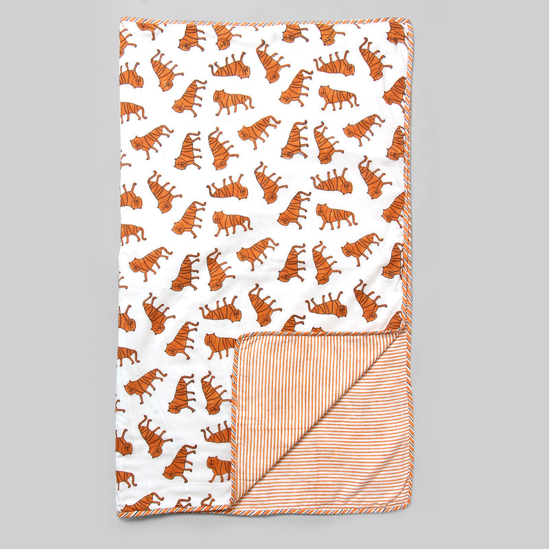 Cotton Dohar Blanket for Kids | Tiger Print | Orange