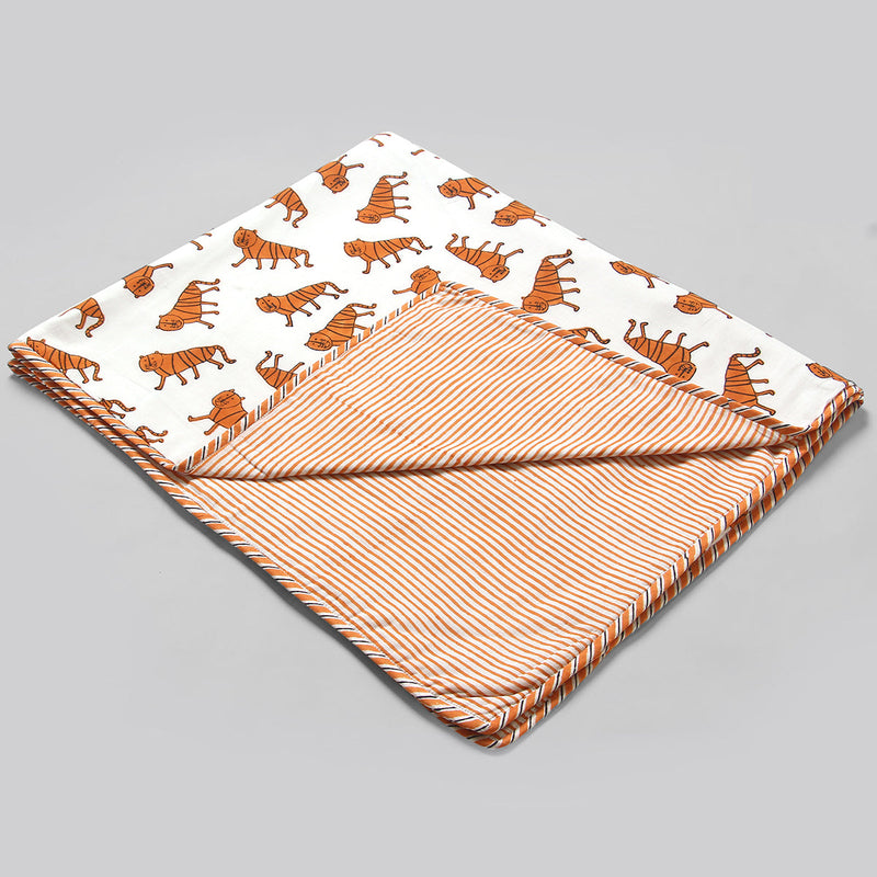 Cotton Dohar Blanket for Kids | Tiger Print | Orange